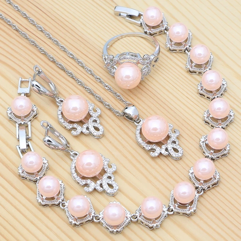 

Pink Pearl Earrings Ring Pendant Chain Bracelet for Woman Wedding Jewelry Set 925 Sterling Silver Jewelry