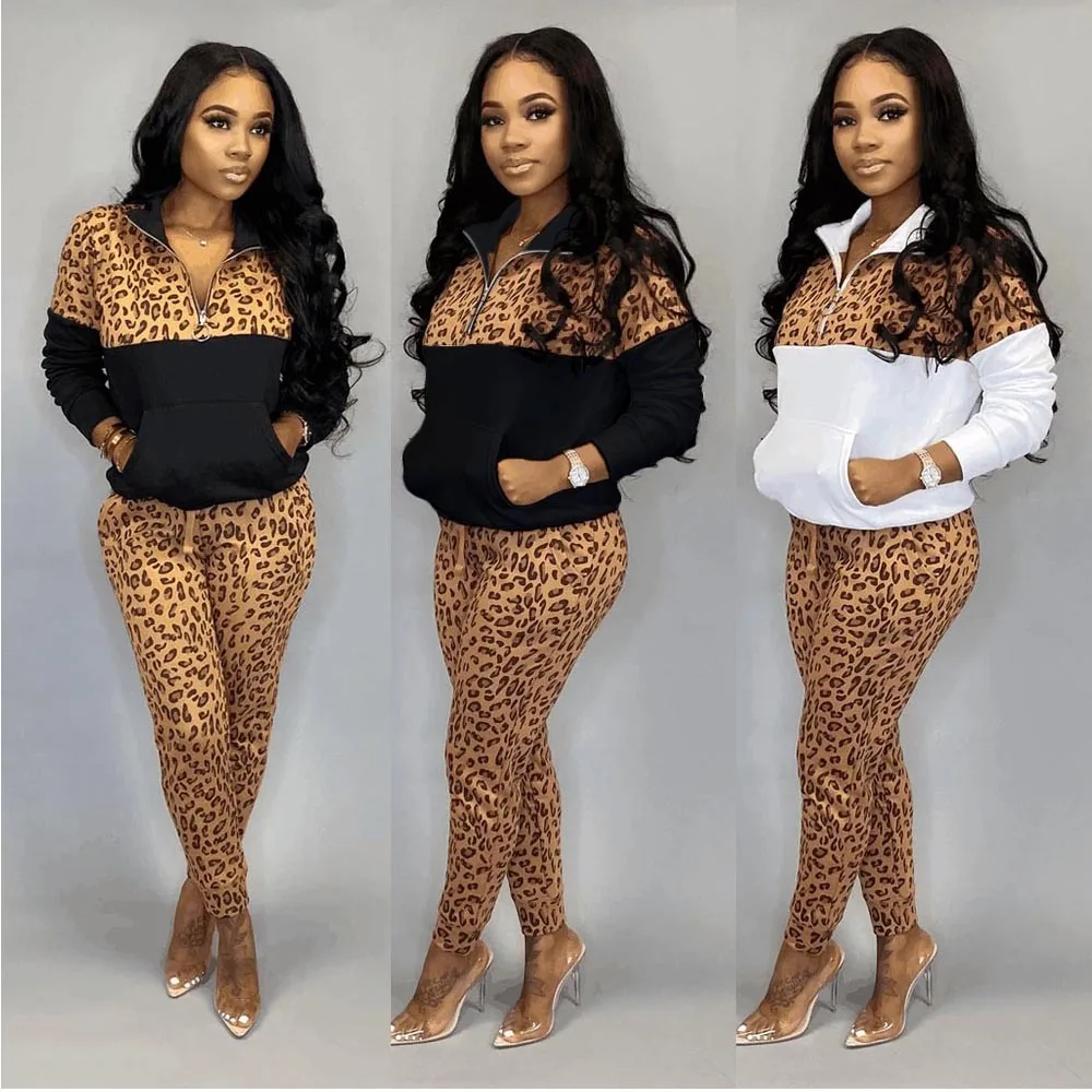

leopard spliced 2 piece set stretwear women turn-down collar pocket t-shirt and pencil trousers tracksuit 2 color outfits