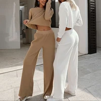 solid color cropped top and high waist pants ladies summer suit 2021 womens sweater suit with loose pants
