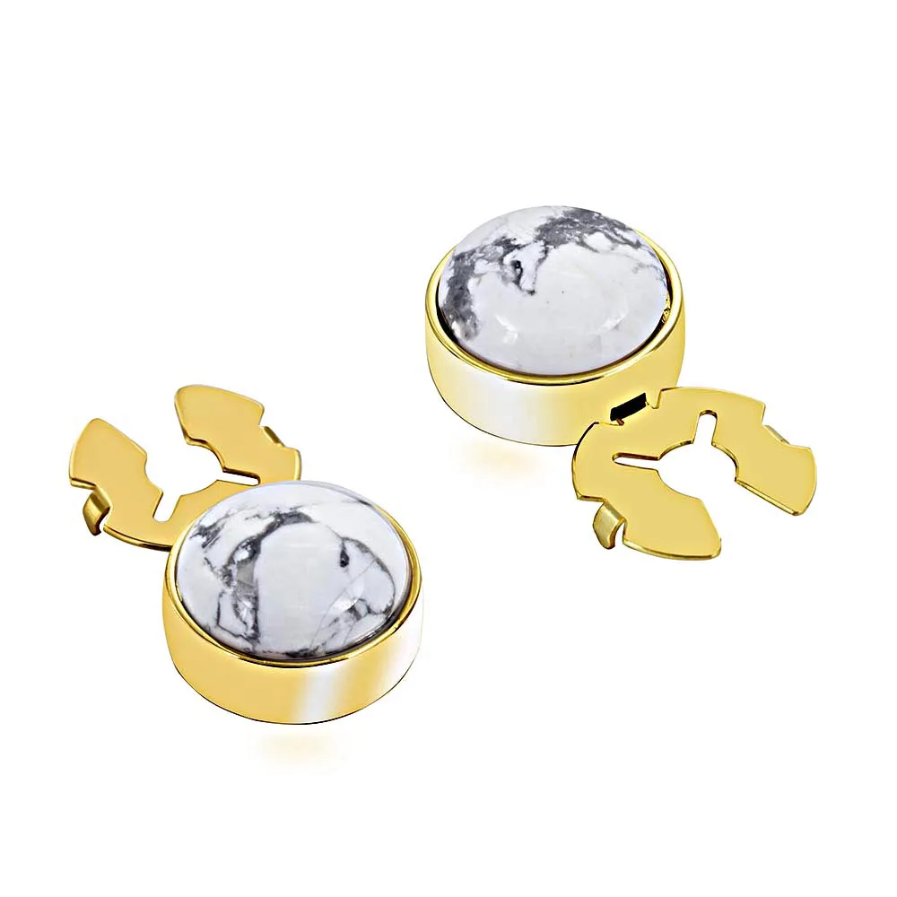 

Natural White marble 18k gold plating BUTTON COVER cufflinks for Tuxedo Business Formal Shirts 17.5MM one pairs