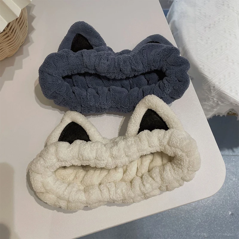 

Cat Ears Headband Solid Color Elastic Headbands Soft Comfortable Coral Fleece Hair Band for Women Girls Face Wash Accessories