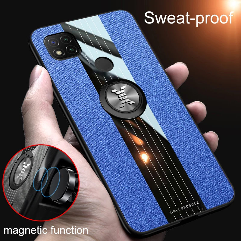 

Cover For Xiaomi Redmi 9C Case Magnetic Finger Ring Holder Soft TPU Leather Case for redmi 9 c Soft Frame Cloth Case on redmi9c