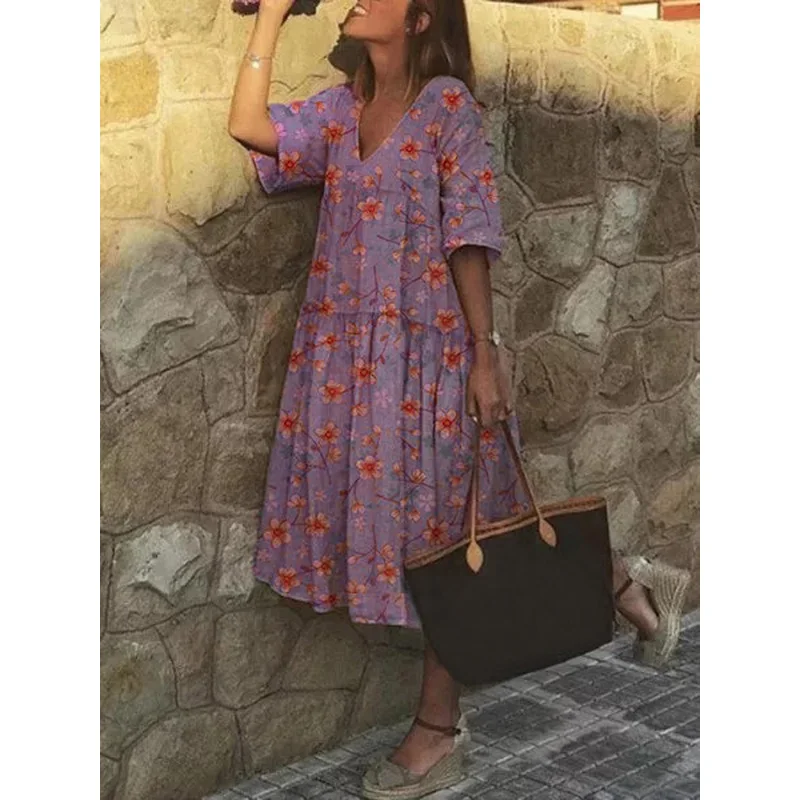 

2020 Summer Vintage Floral Print Midi Dress Women Casual Half Sleeve Party Dress Female Loose Beach Dress Vestidos