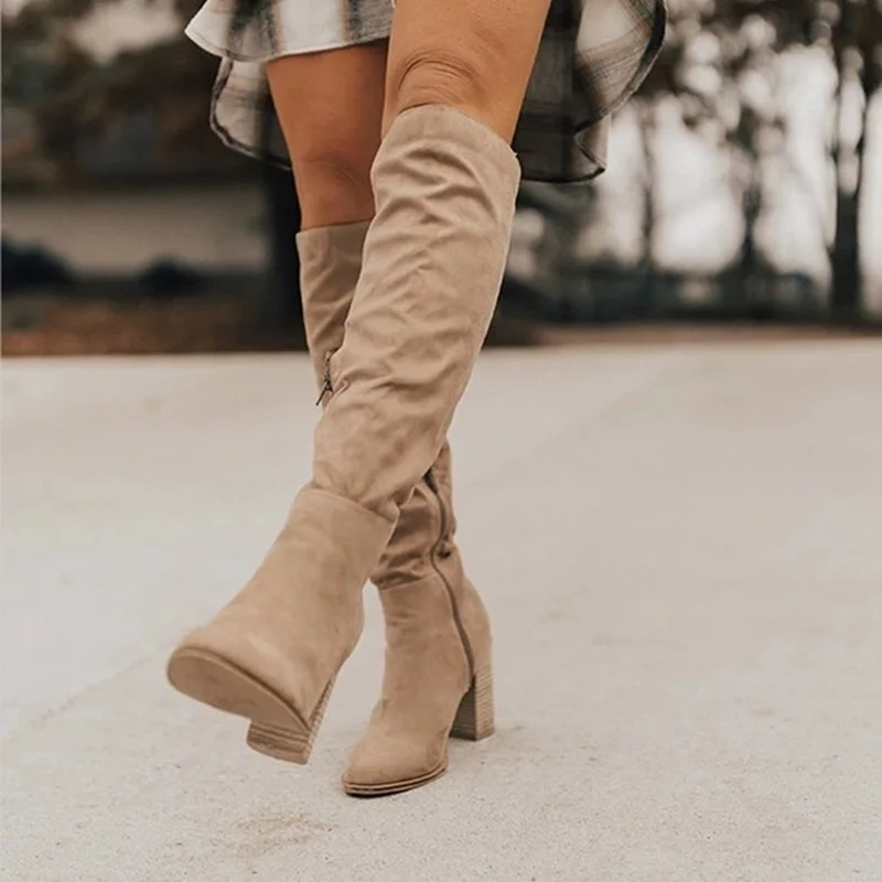 

Women's Knee-length Boots Solid Color Suede Square Heel Heightening Snow Boots Comfortable and Lightweight Outdoor Women's Boots