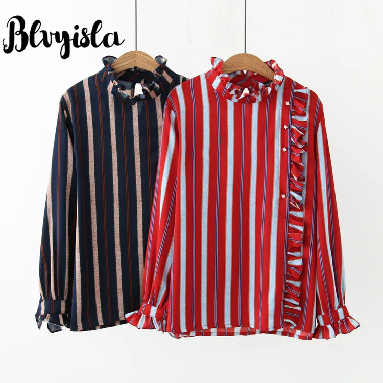 

Blvyisla 5XL Oversize Fashion Spring Shirts Ruffled Patchwork Red Striped Printed Blouse Plus Size Overweight Women Tops