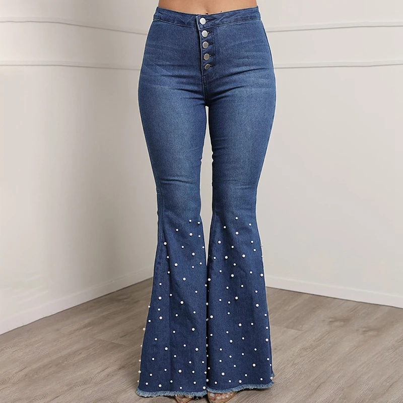 Beaded Denim Flare Jeans Women High Waist Elastic Wide Leg Trousers Bell Bottom | eBay