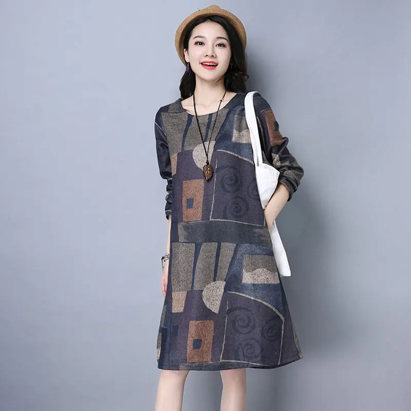 Lusumily платье с длинными рукавами размера плюс Ретро стиль рисунком Повседневная