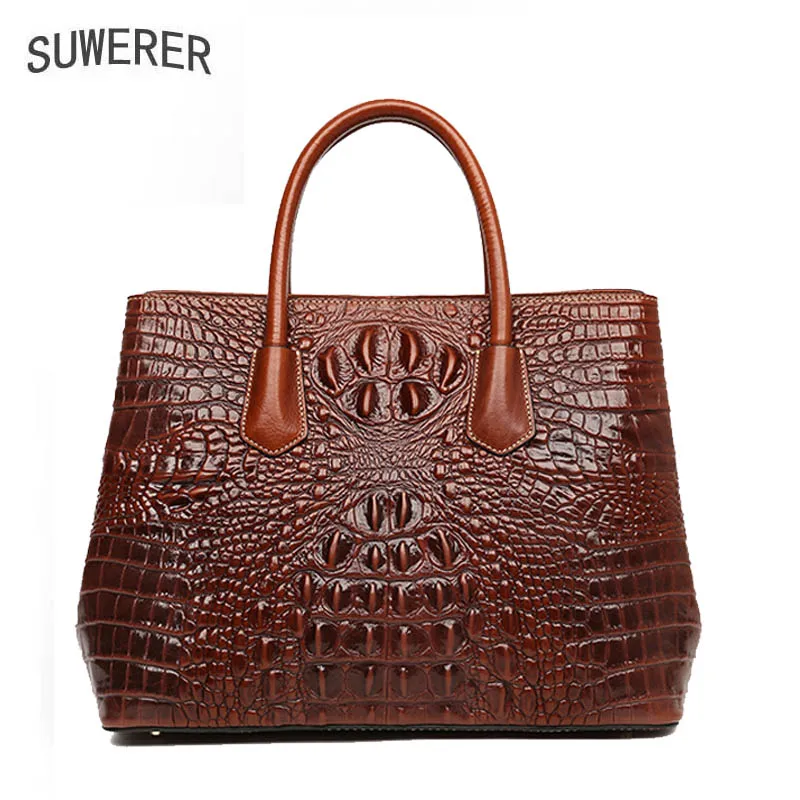 

SUWERER New Real Cowhide Crocodile pattern tote bag Women Genuine Leather bag luxury handbag women bags designer fashion big bag