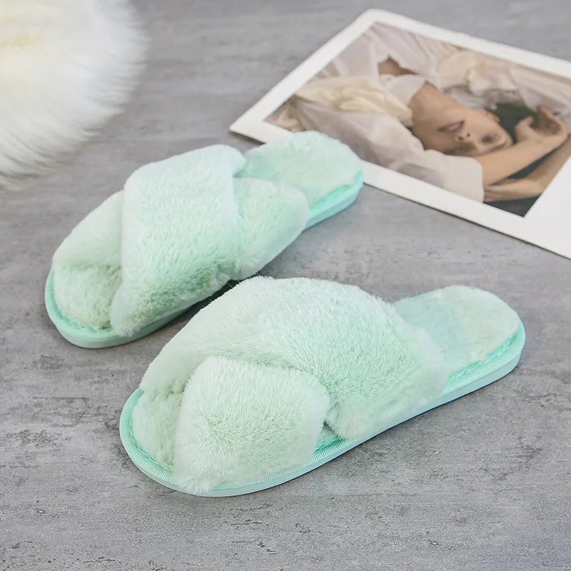

Winter Women House Slippers Cross Faux Fur Ins Fashion Warm Shoes New Indoor Warm Cotton Slippers Thickened Leak-Toe Fur Slides
