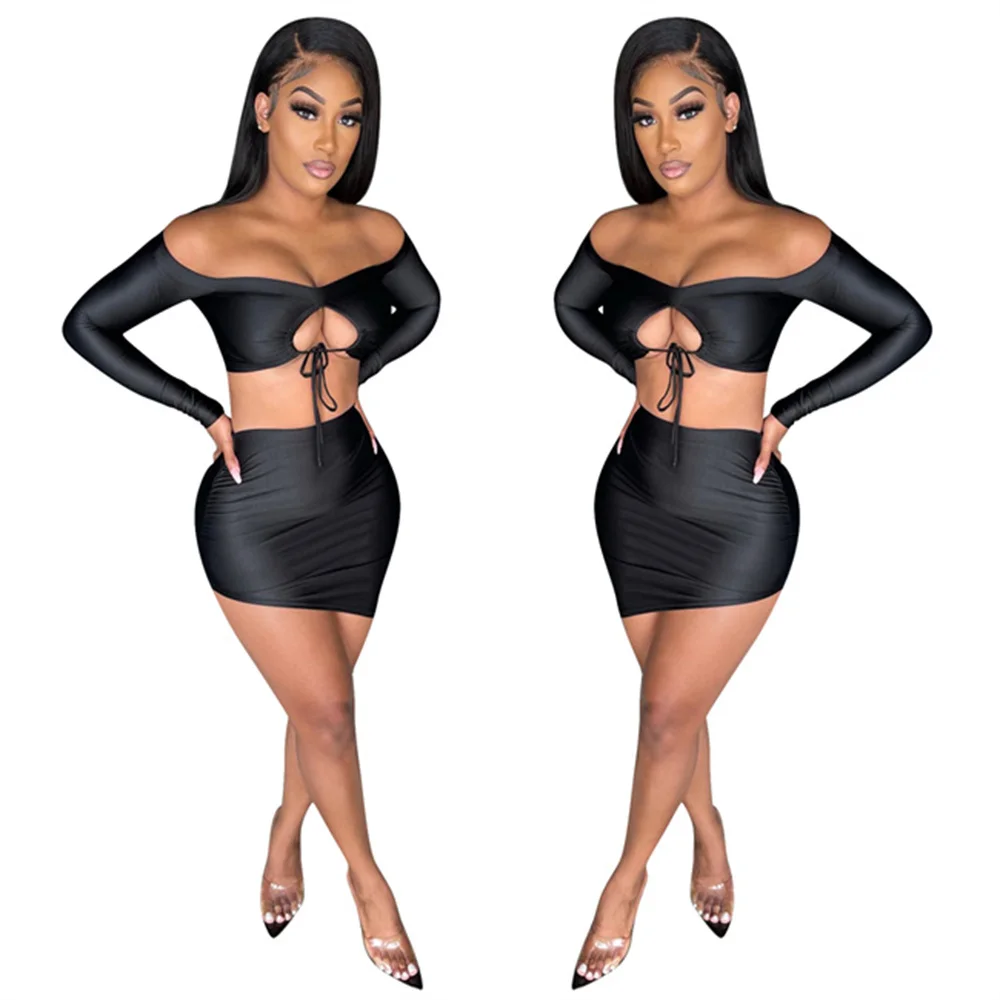 

RStylish 2021 Sexy Outfits Solid Color Summer Clothes Off Shoulder Long Sleeve Lace Up Crop Top Mini Skirt Womens Two Piece Set