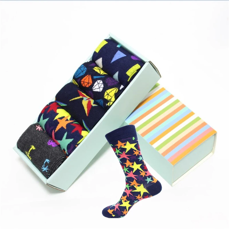 

5 Pairs Men Cotton Long Socks Gift Box Solid Color Knee High Business Socks Man's Harajuku Skateboard Happy Socks