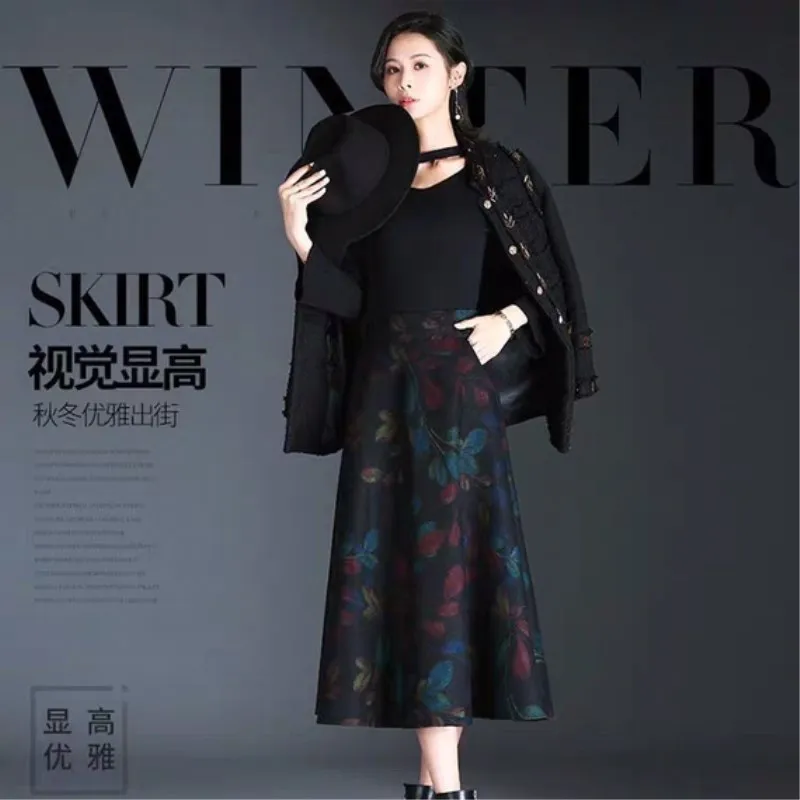 

Autumn Winter 2021 New Printed Plaid Women's Long Skirt Loose Large High Waist Girls' Versatile A-line Big flower