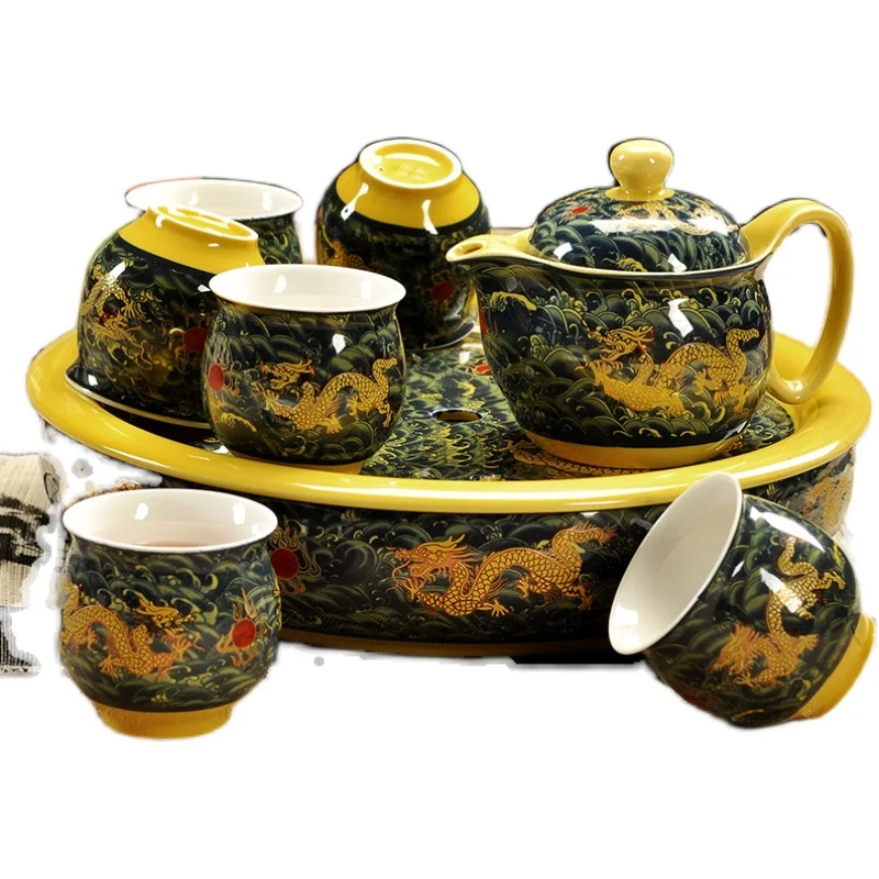 

Dehua Blue and White Porcelain Large Teapot Set of Ice Cracked Ceramics Tea Tray Double Wall Tea Cup Household Tea Set Special