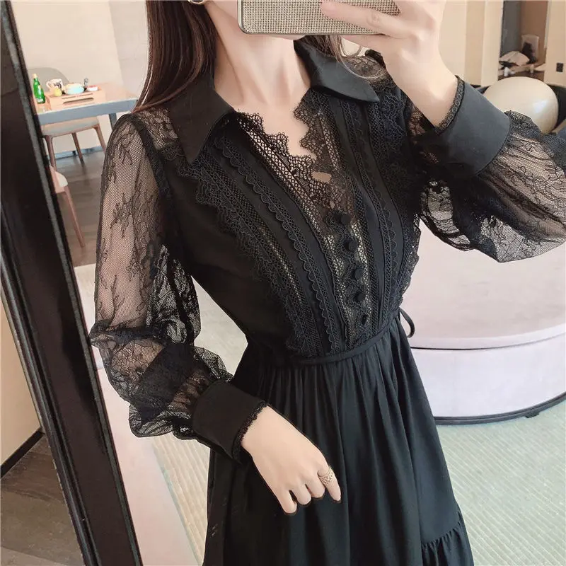 Женское Прозрачное платье-рубашка средней длины, черное однобортное платье-рубашка с кружевными рукавами, пуговицами и оборками, лето 2021