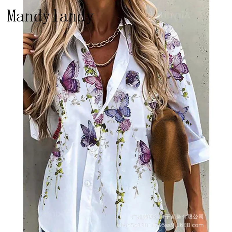 

Женская элегантная Осенняя рубашка Mandylandy с принтом бабочки, топ, Женская Повседневная модная однобортная футболка с отложным воротником, б...