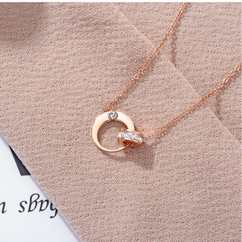 

Fashion classic moon round double ring titanium steel necklace female rose gold clavicle chain super beautiful gift girlfriend