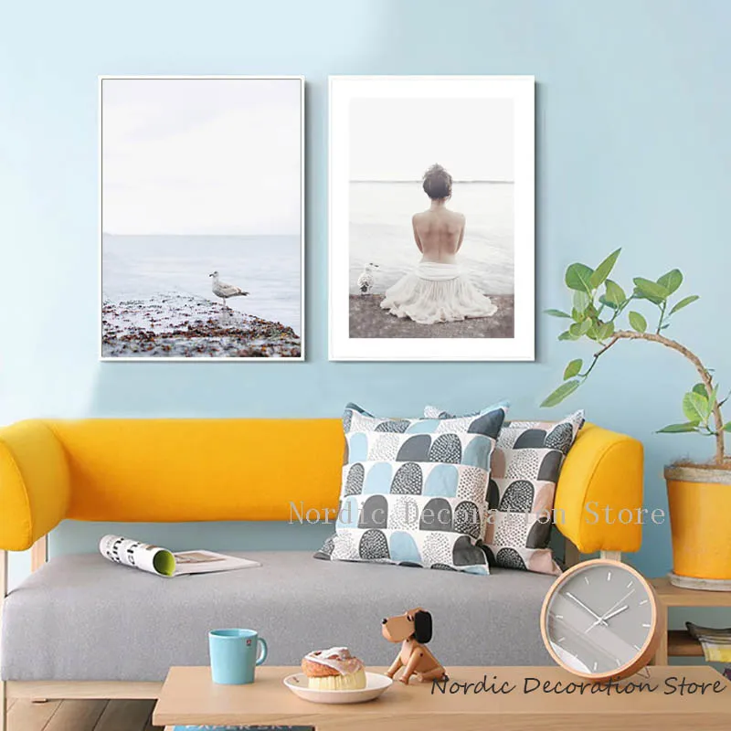 Nordic Sea Beach Beautiful Girl Posters And Prints Birds Wall Art Canvas Painting Two Pictures For Living Room Unframed | Дом и сад