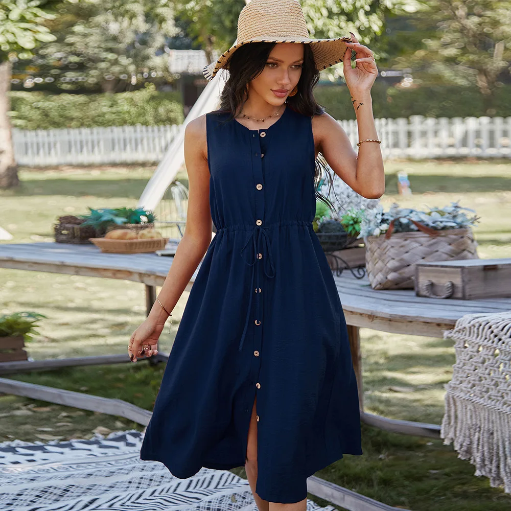 

Simple V Neck Sleeveless Solid Dress Drawstring High Waist A Line Mid-Calf Dress For Women Summer Female Casual Dress