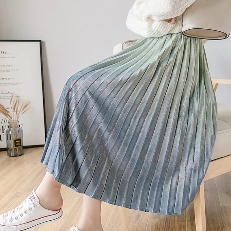 

2020 Spring Gradient Skirt Pleated Long Skirt High Waisted Skinny Female Velvet Skirt Pleated Skirts Pleated Skirt Free Ship