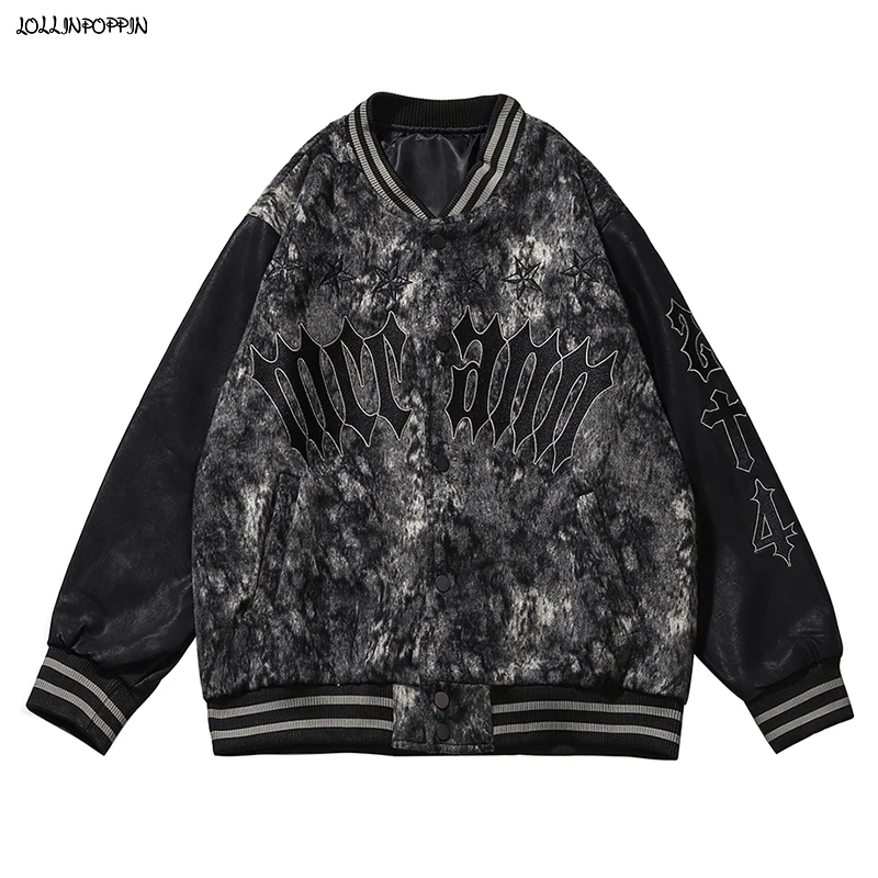 

American Style Streetwear Hip Hop Embroidery Letters Men PU Leather Sleeve Patchwork Baseball Jacket High Stand Collar Mens Coat