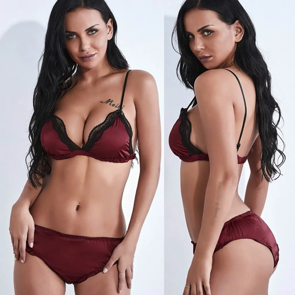 Комплект нижнего белья Женская атласная кружевная Шелковая пижама пуш ап