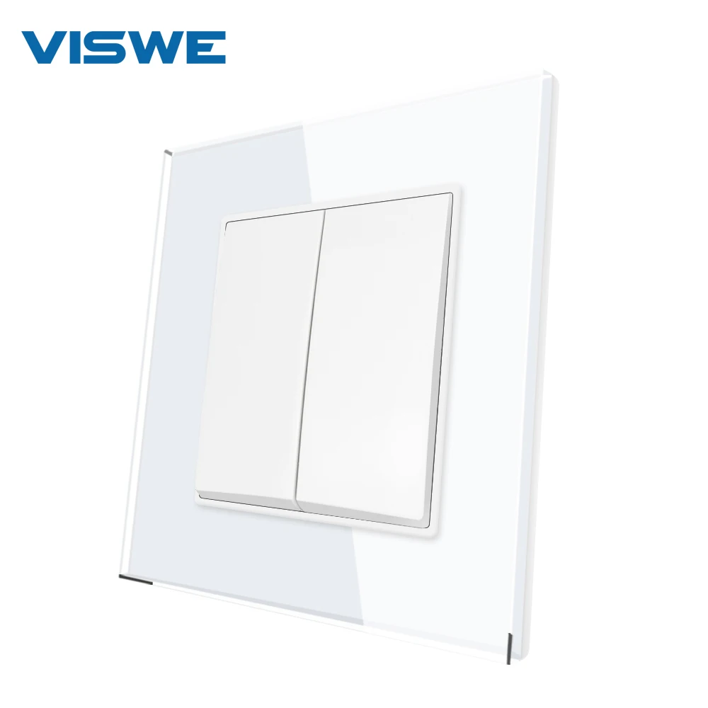 

VISWE 2gang 2way dual control Light switch 110-250V White Glass EU Standard with mounting iron claw for Round Box Button Switch
