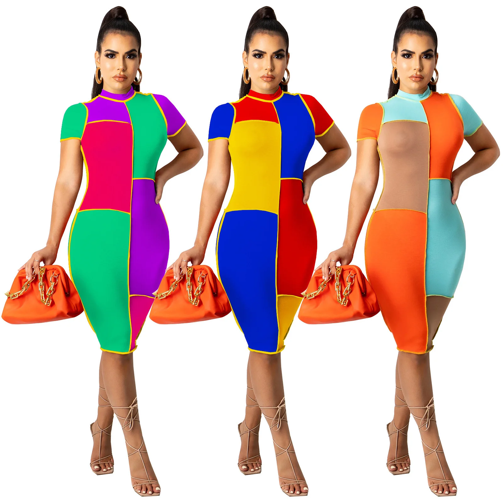 

Cutubly Color Patchwork Dresses Summer O Neck Knee Length Club Bodycon Dresses For Women New Slim Girls Party Dresses Sleeveless