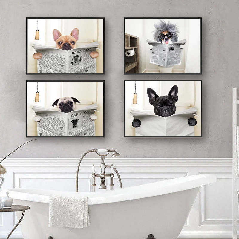 

Настенная картина с изображением собаки, газеты для чтения, Настенная картина с изображением забавной собаки, украшение для ванной комнаты,...