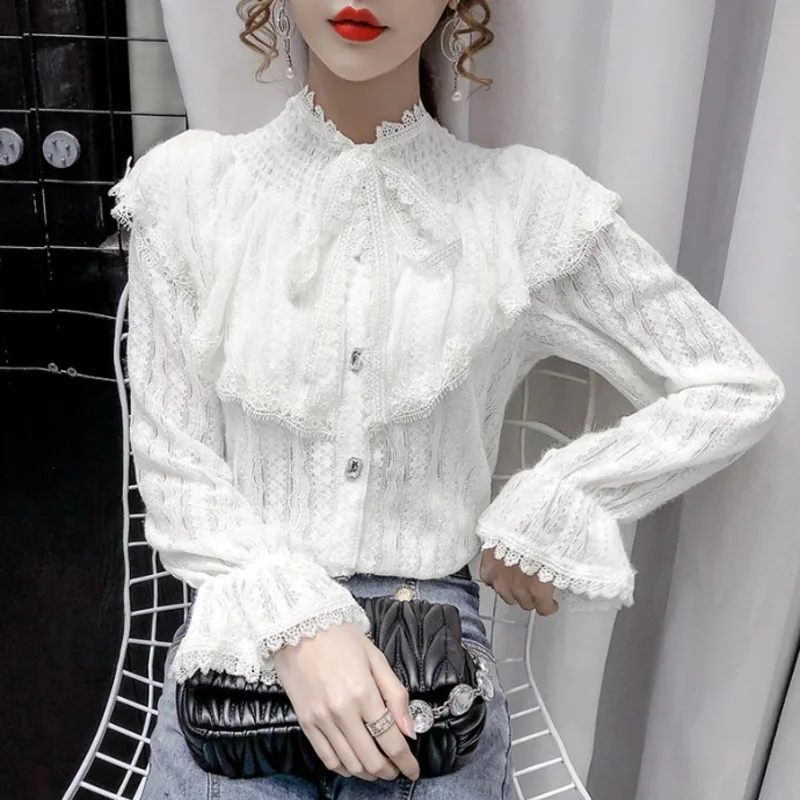 #2005 базовые Топы с воротником-бантом кружевные рубашки блузка Женская винтажная