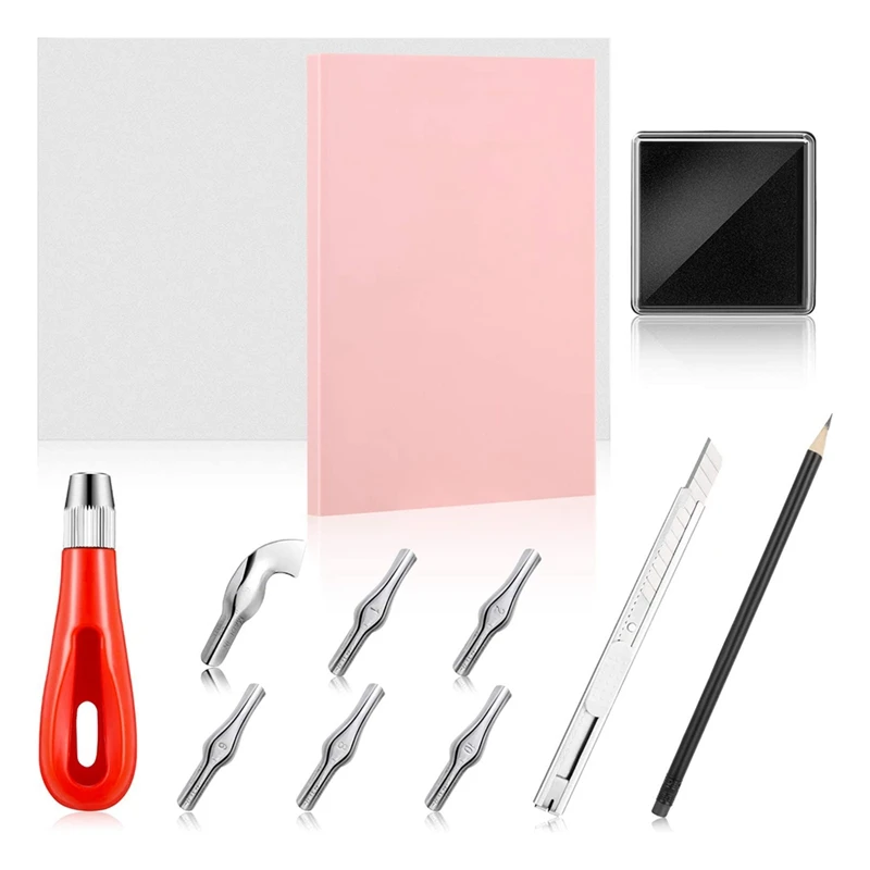 

Rubber Stamp Making Kit Block Printing Tool Kit, Linoleum Cutter with 6 Types Blades, Tracing Paper,Rubber Carving Block