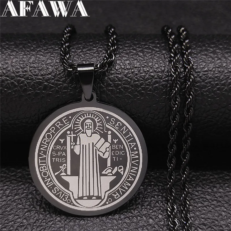 

Catholic Saint Benedict Medallion Cross Jesus Stainless Steel Necklace Black Color Round Necklaces Jewery cadenas mujer NXHYB163