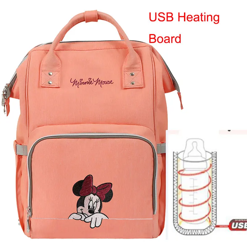 Сумка disney, сумка для подгузников, рюкзак, USB бутылка, подогрев, мумия, сумки для подгузников, Минни, большая емкость, дорожные сумки, сумка для кормления ребенка - Цвет: DS-02A Pink