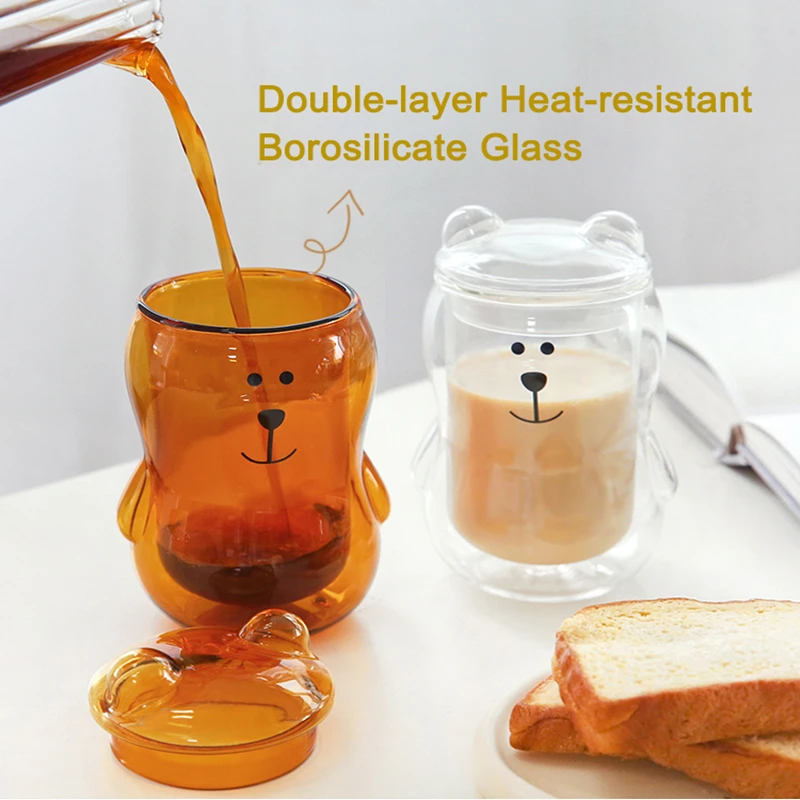 

Creative Heat-resistant Double Borosilicate Glass Cup Transparent Insulated Water/Tea/Milk Cup with Bear Ear Round Lid