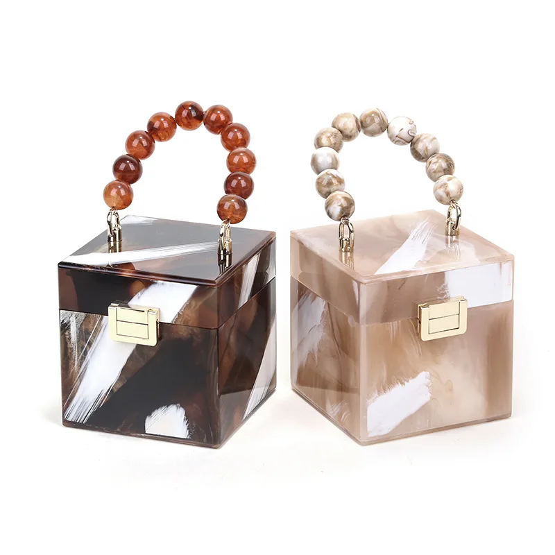 

2021 new simple fashion female bag personality square box acrylic bag beaded handbag temperament square box bag dress dinner bag
