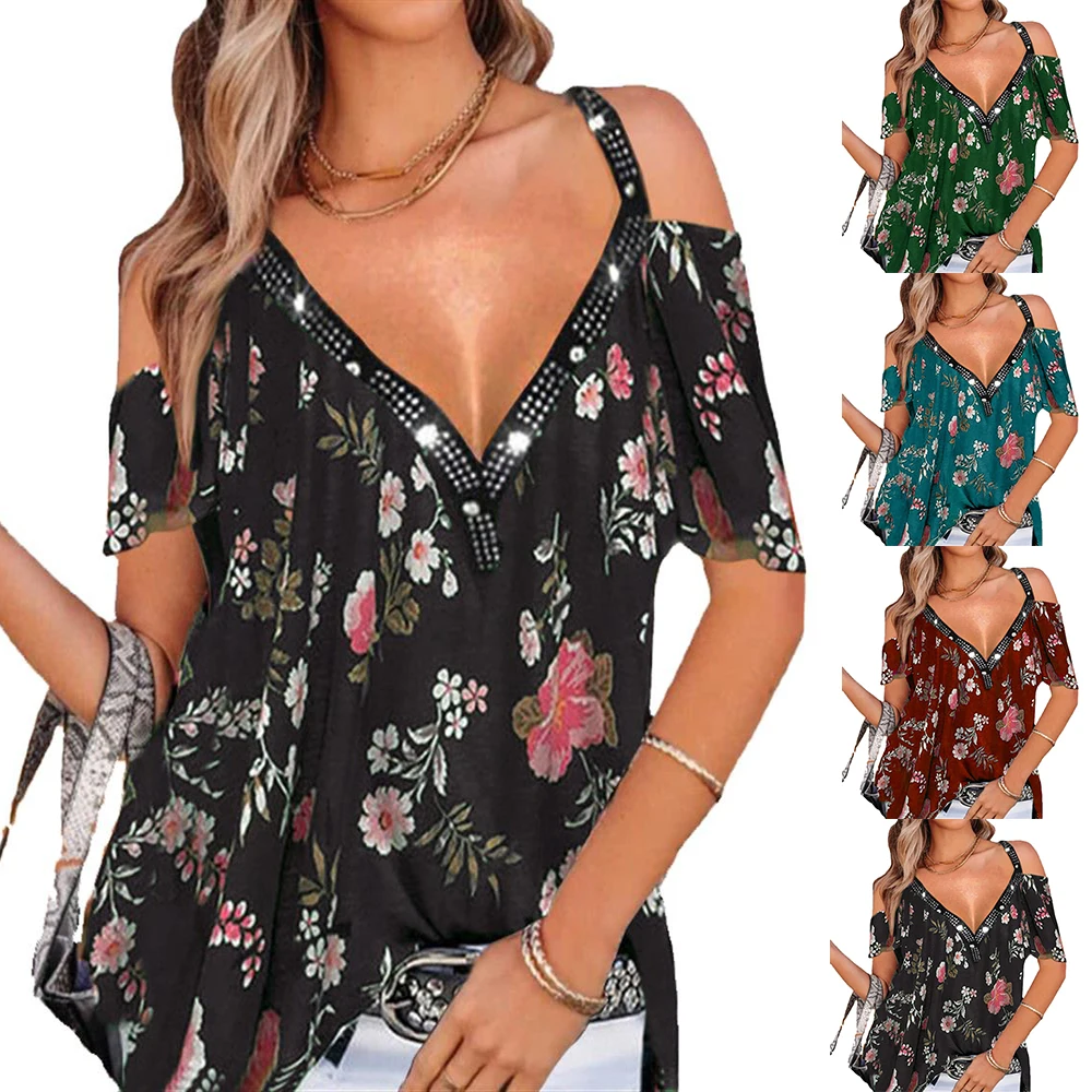 

Womens Hollow Out Floral Printed Fashion Sexy Cold Shoulder Short Sleeve V-Neck Casual Summer Tops High Street