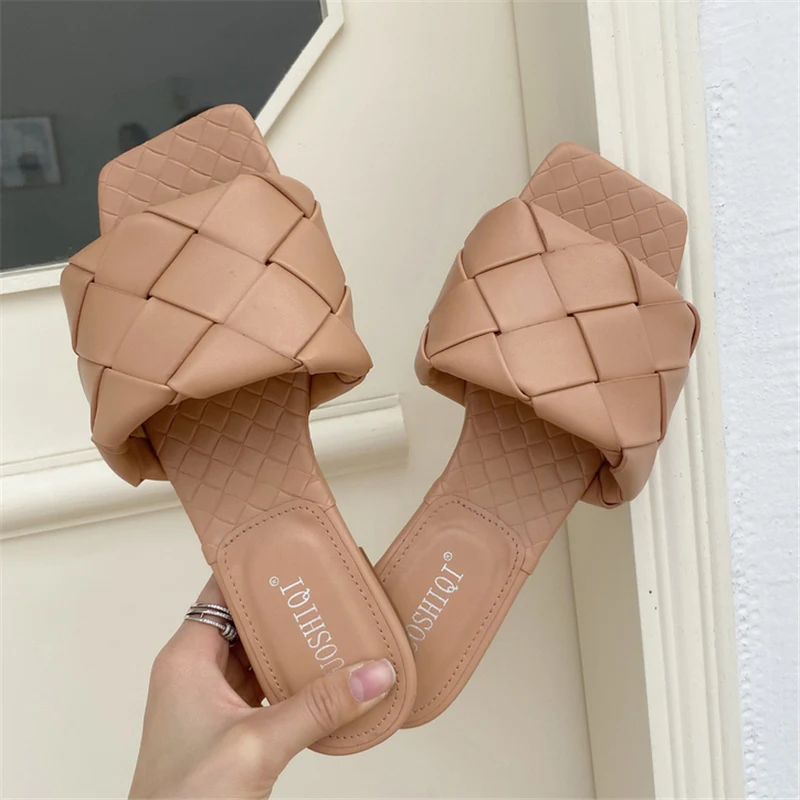 Женские шлепанцы из плетеной кожи синие или фиолетовые повседневные с открытым