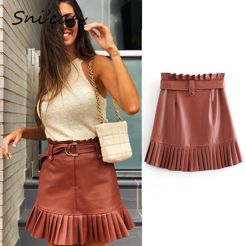 

Женская плиссированная юбка из искусственной кожи, с поясом и оборками