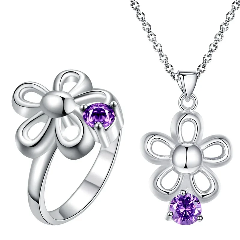 

New Fashion Silver Plated 925 Jewelry Set Necklace Ring Fashion European and American Diamond Set New Flower Accessories