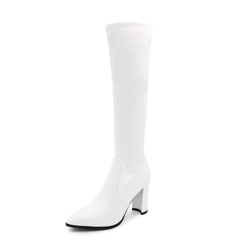 

FOREADA High Heel Woman Boots Real Leather Pointed Toe Knee High Boots Thick Heel Shoes Zip Long Boots Female Autumn Winter 40