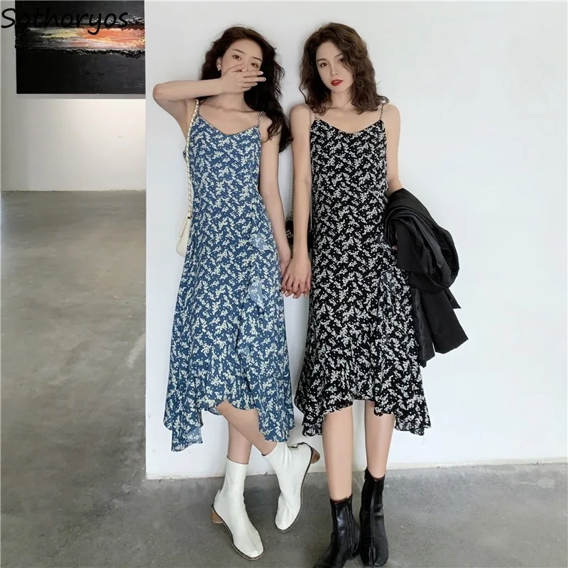 

Sleeveless Dress Women Retro Asymmetrical Floral Designer Dresses Womens Spaghetti Strap Fashion Elegant Gentle Chic Trendy Ins
