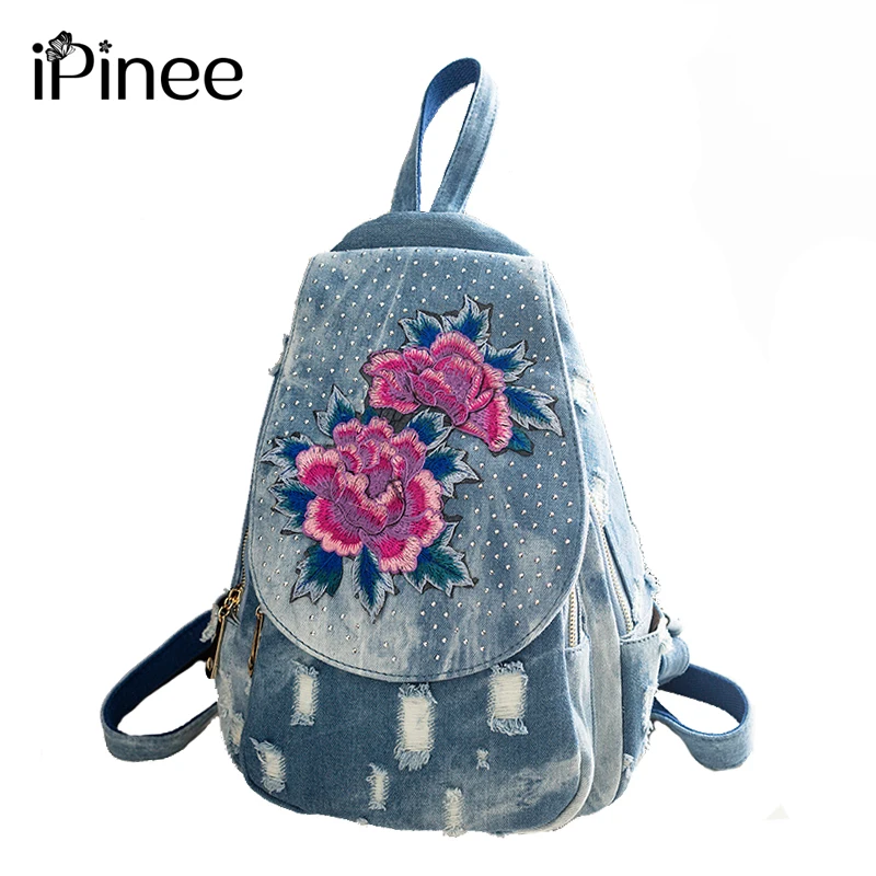 

iPinee Denim School Backpack For Girl Embroidery Flower Design Women Backpack Shoulder Bag Female Rucksack Bagpack Mochila