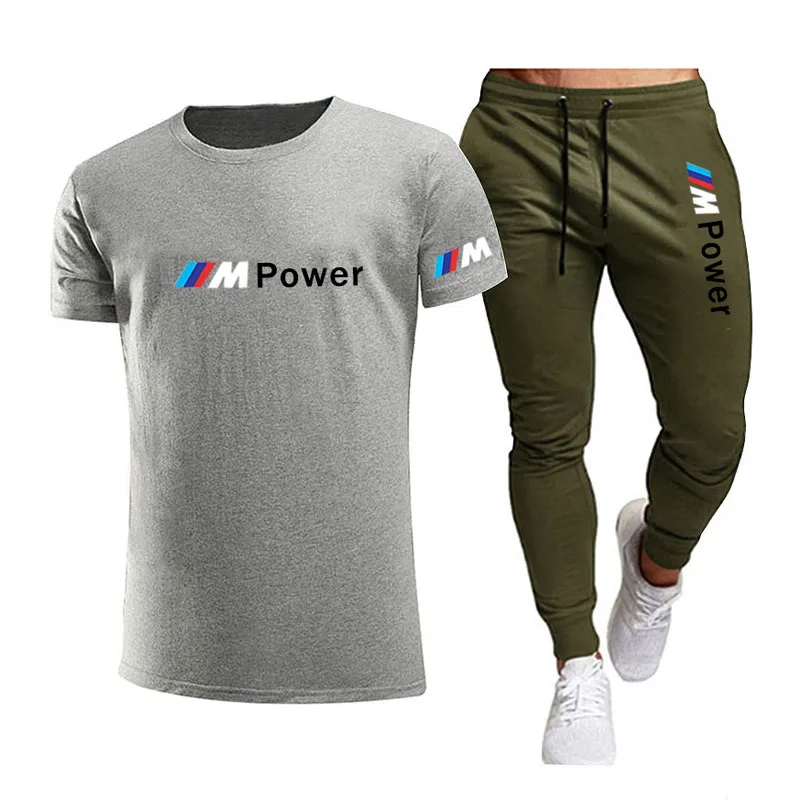 

BMW M Power Print Short Sleeves T shir+pants Set 2021 Summer Fashion Leisure Men Set Tracksuit Sportswear Suits Male Sweatsuit