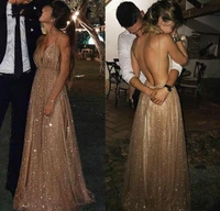 glitter gold sequined long prom dresses sexy backless spaghetti straps evening gowns holidays beach special occasion dress