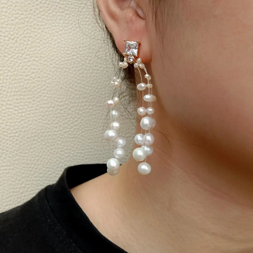 

Y.YING Illusion Cultured White Rice Pearl Clear Cubic Zirconia Pave Stud Earrings