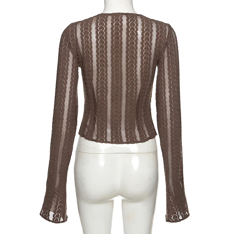 

2021autumn New Flare Long Sleeve V-neck See-through mesh T-shirts Tops Sexy Y2k Solid Color Fashion All-match Women's Clothing