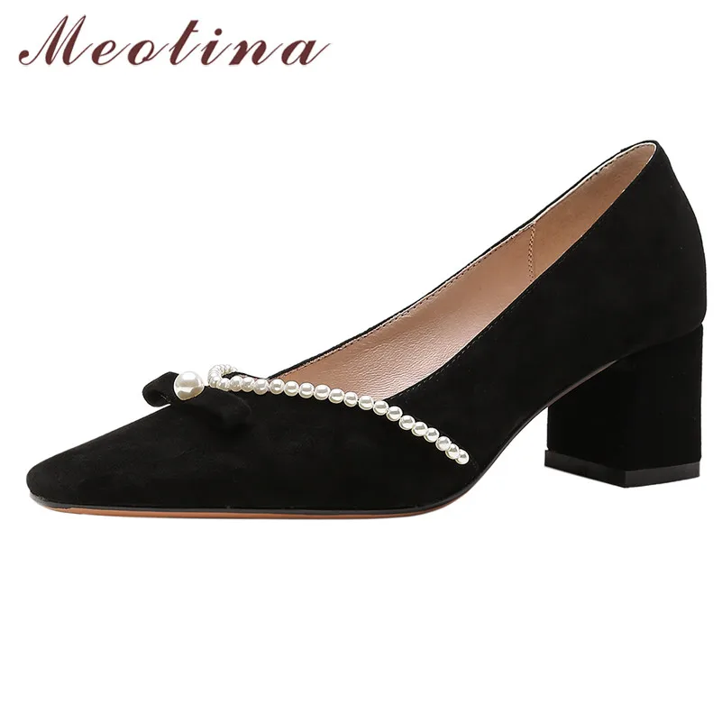 

Meotina Women High Heel Pumps Genuine Leather Kid Suede Shoes Pearl Square Toe Elegant Shoes Bow Chunky Heels Slip On Footwear