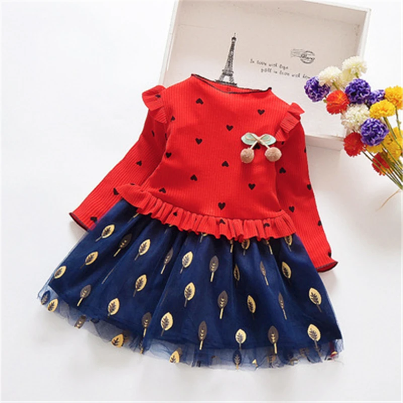 

2021New Elegant Kids Flower Girls Winter Dresses Children Kids Floral Long Sleeve Clothing Girls Princess Tulle Dress