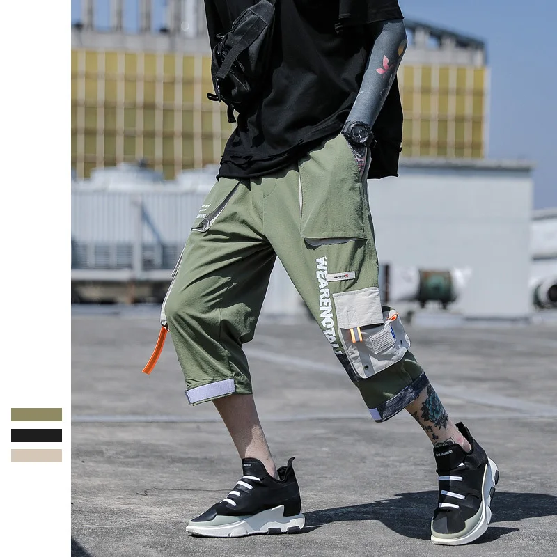 

Functional Harajuku Cargo Pants Men Fashion Calf-length Elastic Waist Patchwork Color Trousers Men Straight Hip Hop Men Clothing