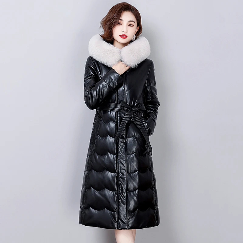 New Women Leather Down Coat 2022 Autumn Winter Thick Warm Fox Fur Collar Butterfly Belt Slim Long Sheepskin Down Jacket