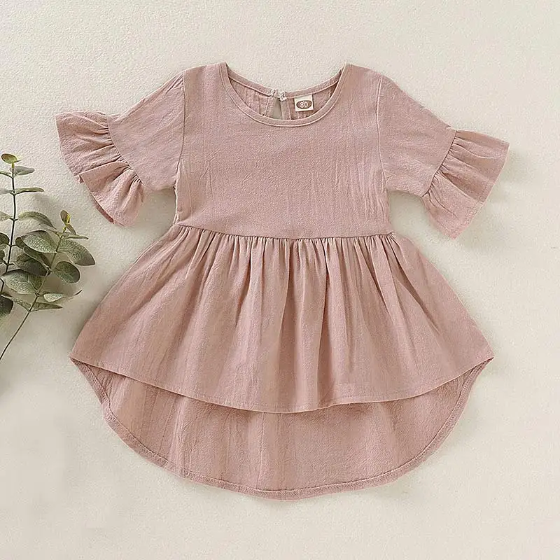 Bear Leader Casual Kid Baby Girl Plain Dress cute Clothes Summer Ruffle Flare Sleeve Asymmetrical Solid Sundress 1-5Y | Детская одежда